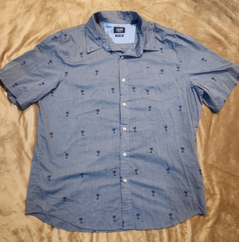 Chaps Men's Classic Fit Easy Care Button Down Blue Palm Tree Shirt Size XL
